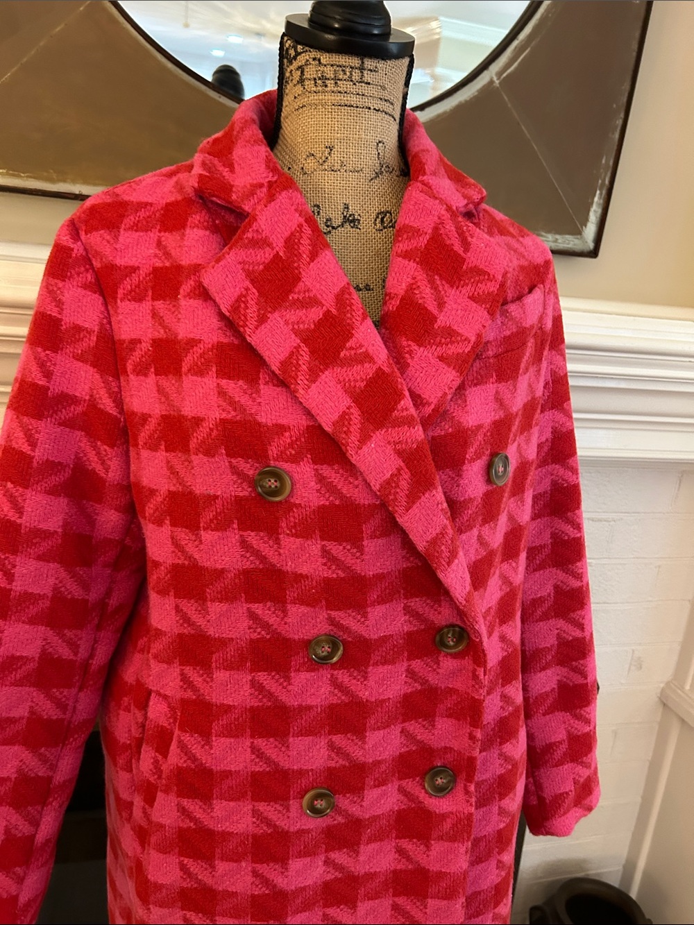 DAVI & DANI Double-Breasted Pink Houndstooth Pea Coat